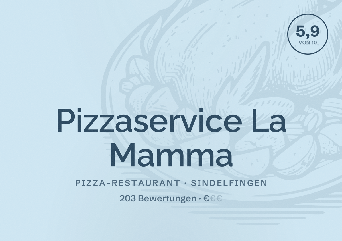 Illustriertes Poster von Pizzaservice La Mamma, Pizza-Restaurant in Sindelfingen: Bewertung 5,9 von 10 aus 203 Bewertungen, Preisniveau €