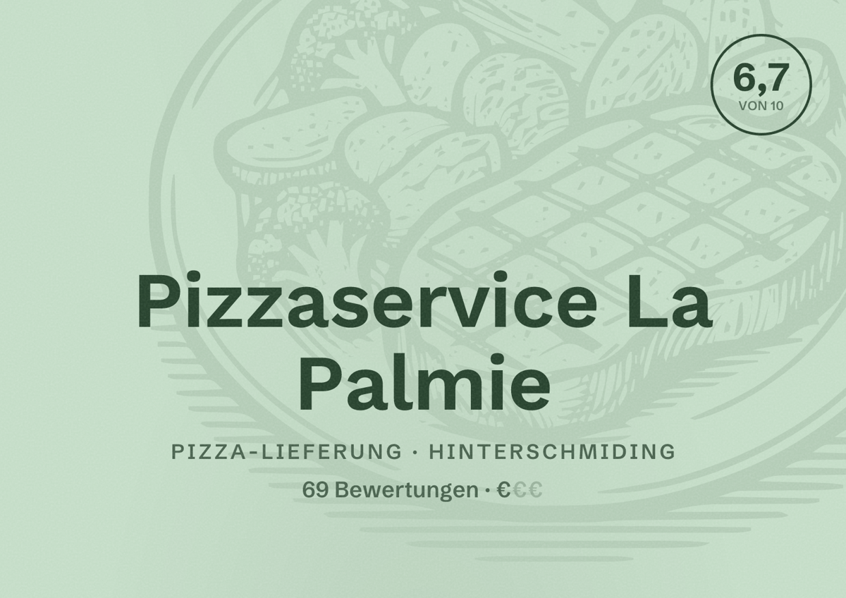 Illustriertes Poster von Pizzaservice La Palmie, Pizza-Lieferung in Hinterschmiding: Bewertung 6,7 von 10 aus 69 Bewertungen, Preisniveau €
