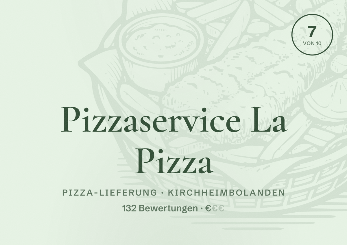 Illustriertes Poster von Pizzaservice La Pizza, Pizza-Lieferung in Kirchheimbolanden: Bewertung 7 von 10 aus 132 Bewertungen, Preisniveau €