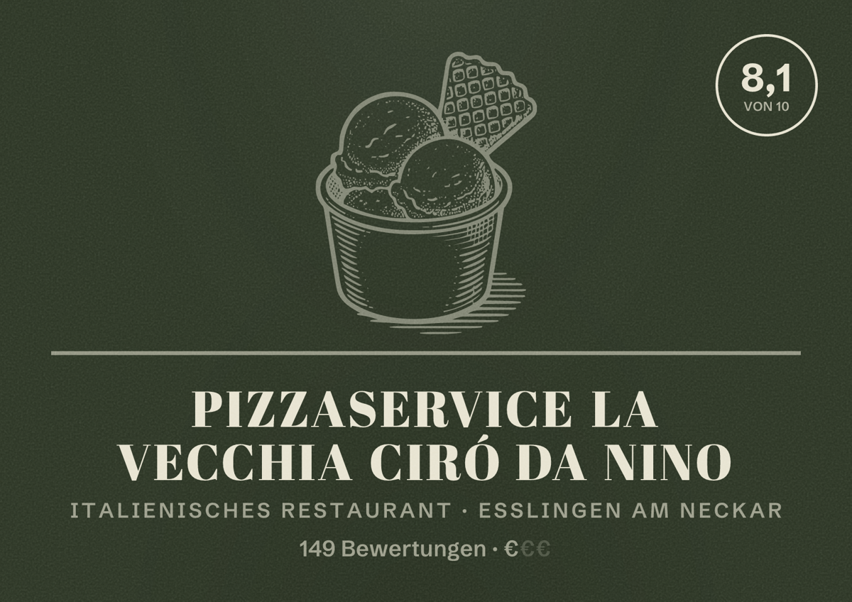 Illustriertes Poster von Pizzaservice La Vecchia Ciró da Nino, Italienisches Restaurant in Esslingen am Neckar: Bewertung 8,1 von 10 aus 149 Bewertungen, Preisniveau €