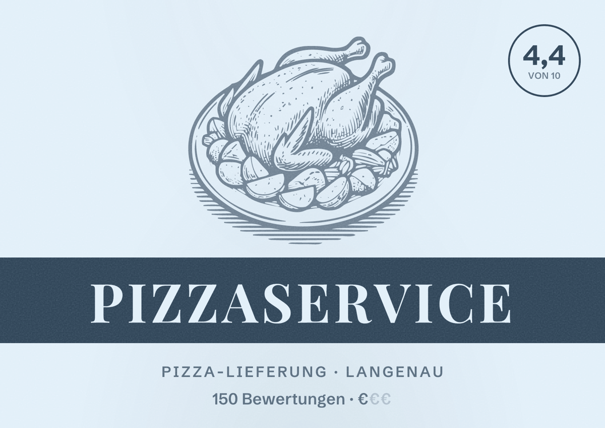 Illustriertes Poster von Pizzaservice, Pizza-Lieferung in Langenau: Bewertung 4,4 von 10 aus 150 Bewertungen, Preisniveau €