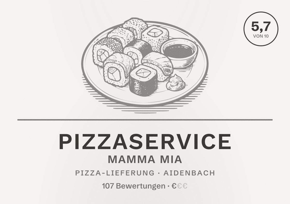 Illustriertes Poster von Pizzaservice Mamma Mia, Pizza-Lieferung in Aidenbach: Bewertung 5,7 von 10 aus 107 Bewertungen, Preisniveau €
