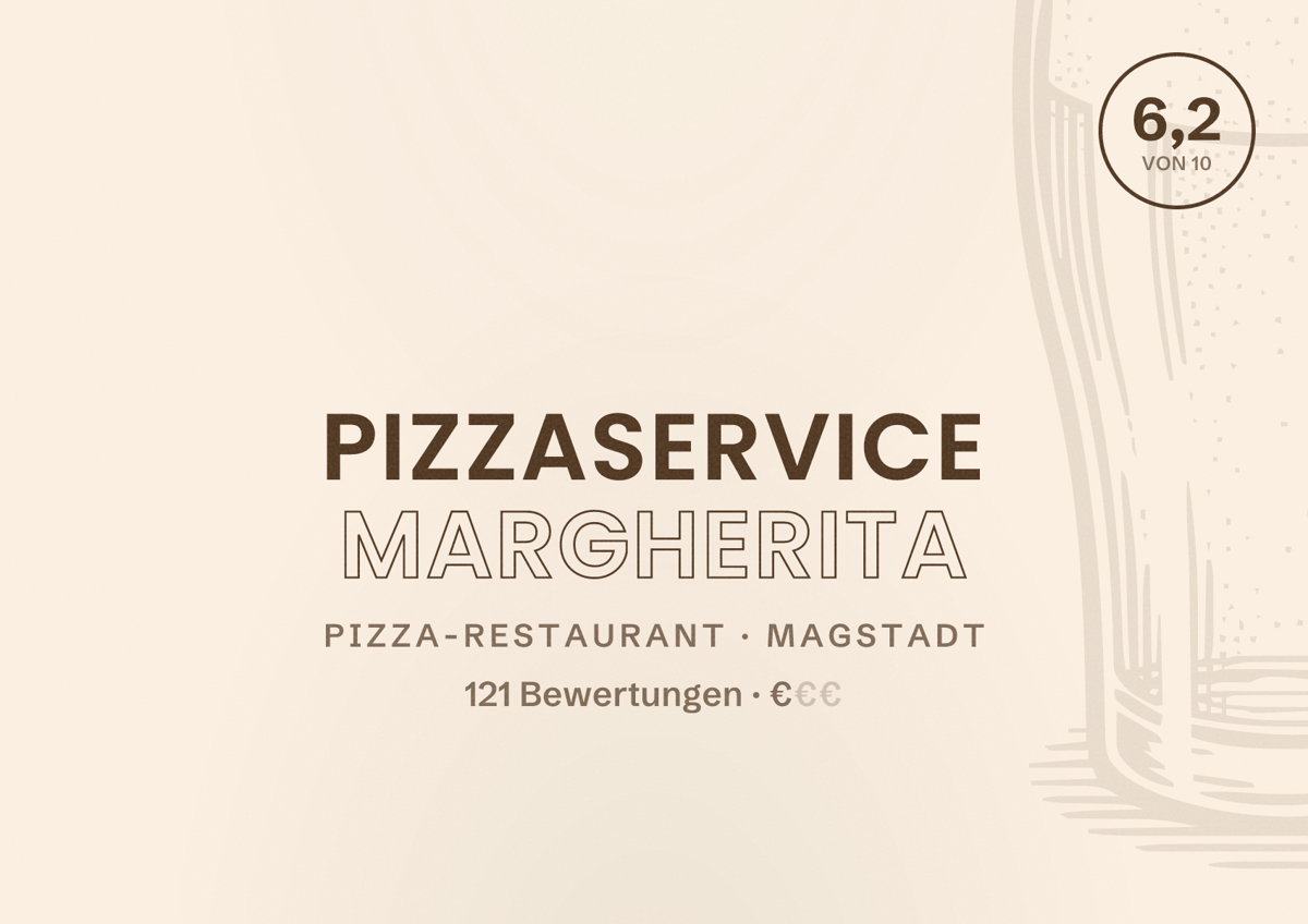 Illustriertes Poster von Pizzaservice Margherita, Pizza-Restaurant in Magstadt: Bewertung 6,2 von 10 aus 121 Bewertungen, Preisniveau €