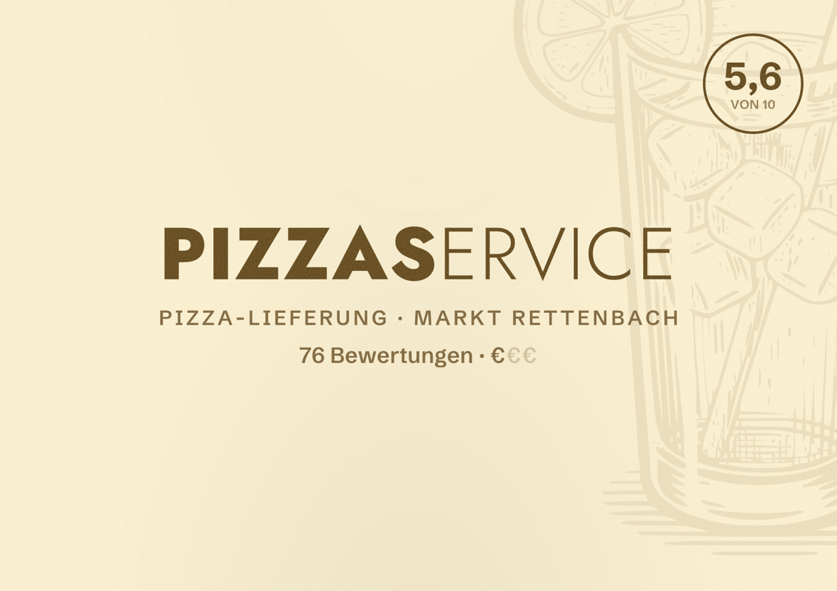 Illustriertes Poster von Pizzaservice, Pizza-Lieferung in Markt Rettenbach: Bewertung 5,6 von 10 aus 76 Bewertungen, Preisniveau €