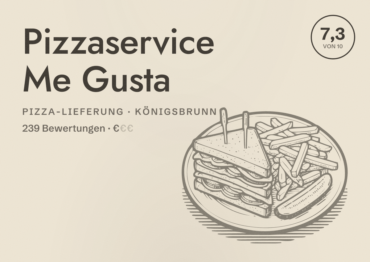 Illustriertes Poster von Pizzaservice Me Gusta, Pizza-Lieferung in Königsbrunn: Bewertung 7,3 von 10 aus 239 Bewertungen, Preisniveau €