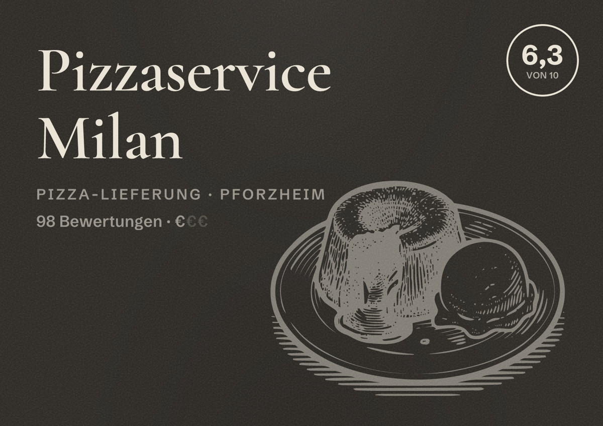 Illustriertes Poster von Pizzaservice Milan, Pizza-Lieferung in Pforzheim: Bewertung 6,3 von 10 aus 98 Bewertungen, Preisniveau €