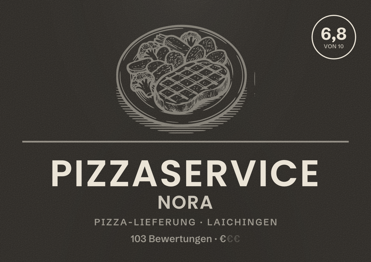 Illustriertes Poster von Pizzaservice Nora, Pizza-Lieferung in Laichingen: Bewertung 6,8 von 10 aus 103 Bewertungen, Preisniveau €