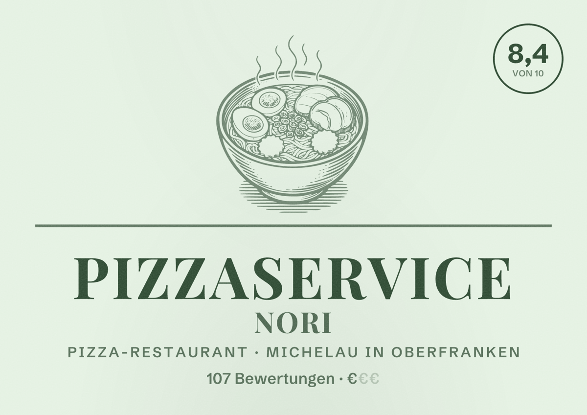 Illustriertes Poster von Pizzaservice Nori, Pizza-Restaurant in Michelau in Oberfranken: Bewertung 8,4 von 10 aus 107 Bewertungen, Preisniveau €