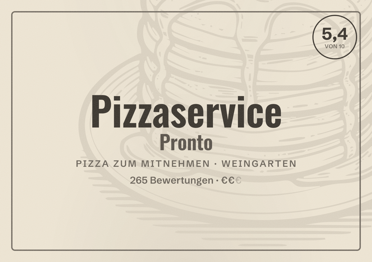 Illustriertes Poster von Pizzaservice Pronto, Pizza zum Mitnehmen in Weingarten: Bewertung 5,4 von 10 aus 265 Bewertungen, Preisniveau €€