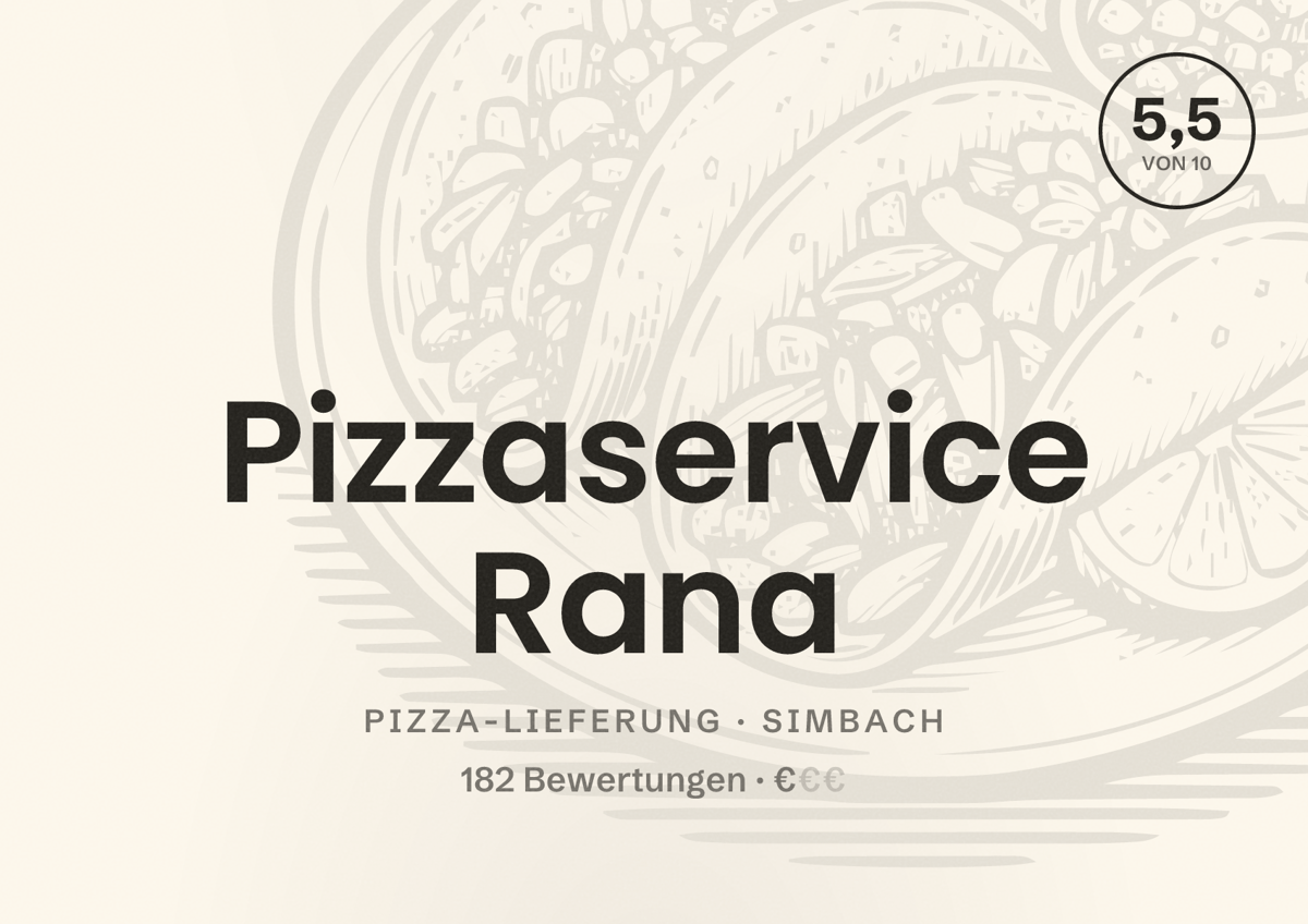 Illustriertes Poster von Pizzaservice Rana, Pizza-Lieferung in Simbach: Bewertung 5,5 von 10 aus 182 Bewertungen, Preisniveau €