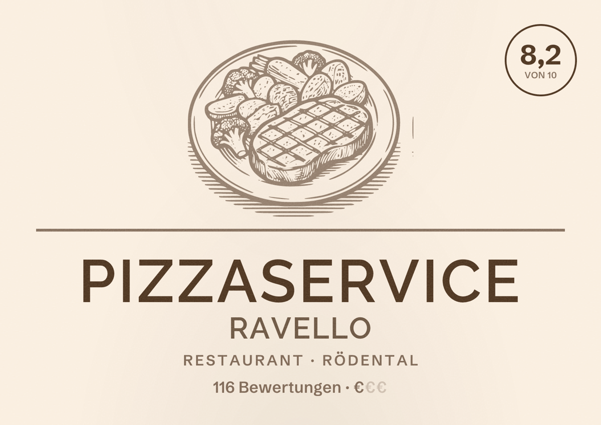 Illustriertes Poster von Pizzaservice Ravello, Restaurant in Rödental: Bewertung 8,2 von 10 aus 116 Bewertungen, Preisniveau €