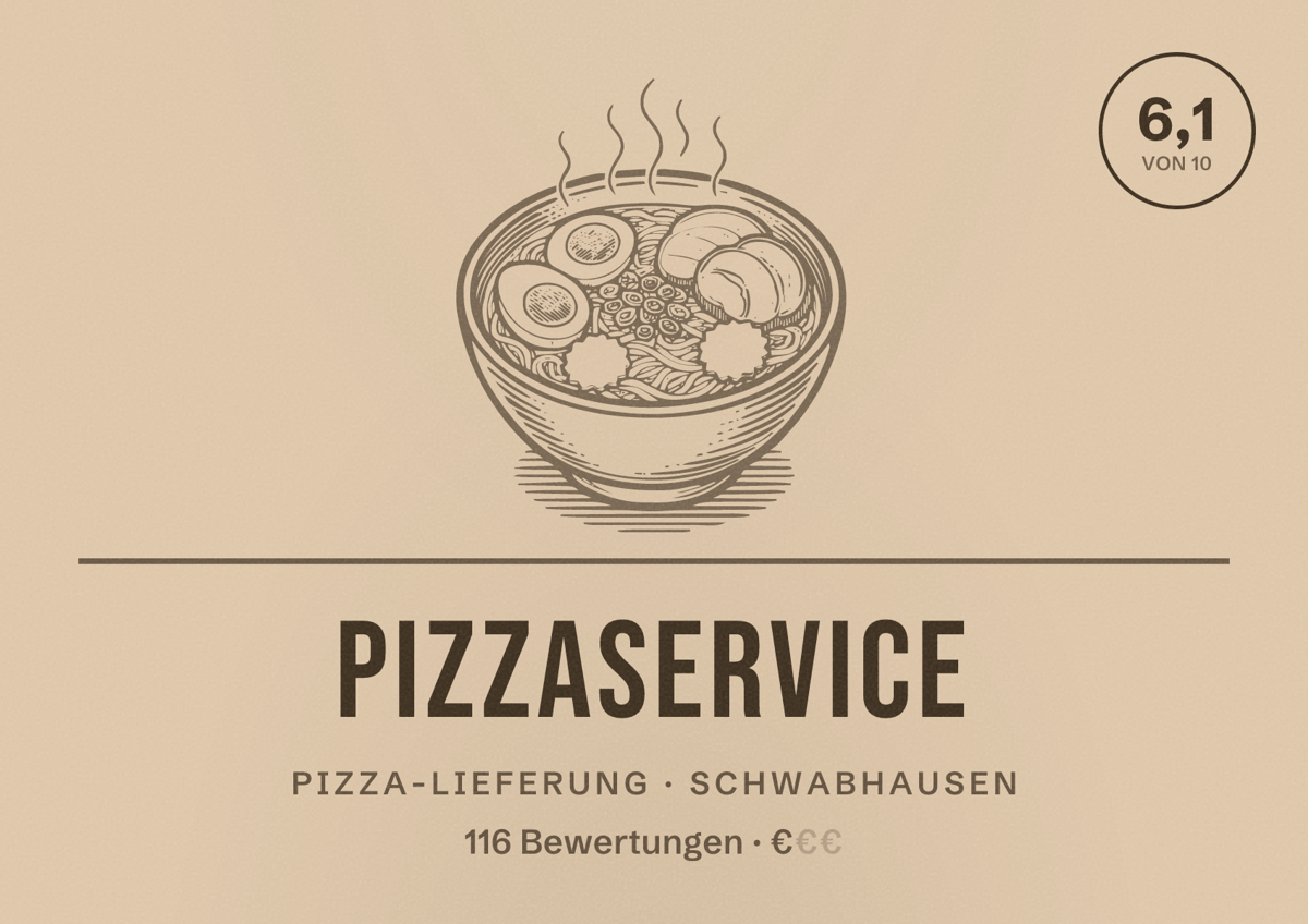 Illustriertes Poster von Pizzaservice, Pizza-Lieferung in Schwabhausen: Bewertung 6,1 von 10 aus 116 Bewertungen, Preisniveau €