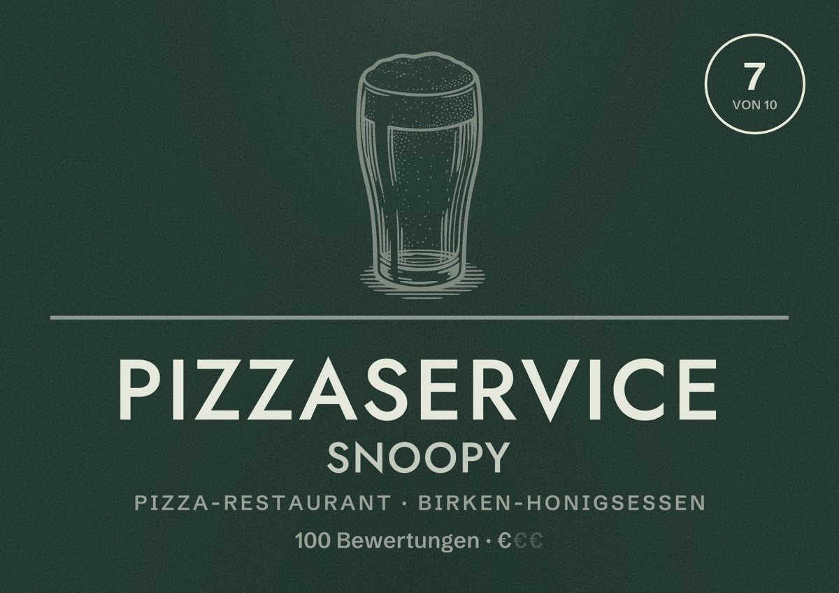 Illustriertes Poster von Pizzaservice Snoopy, Pizza-Restaurant in Birken-Honigsessen: Bewertung 7 von 10 aus 100 Bewertungen, Preisniveau €