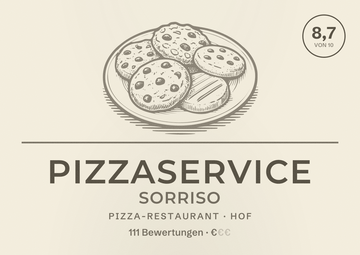 Illustriertes Poster von Pizzaservice Sorriso, Pizza-Restaurant in Hof: Bewertung 8,7 von 10 aus 111 Bewertungen, Preisniveau €