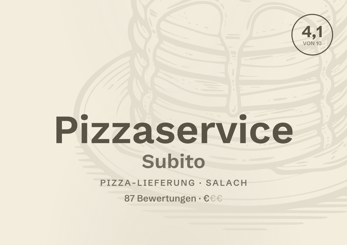 Illustriertes Poster von Pizzaservice Subito, Pizza-Lieferung in Salach: Bewertung 4,1 von 10 aus 87 Bewertungen, Preisniveau €