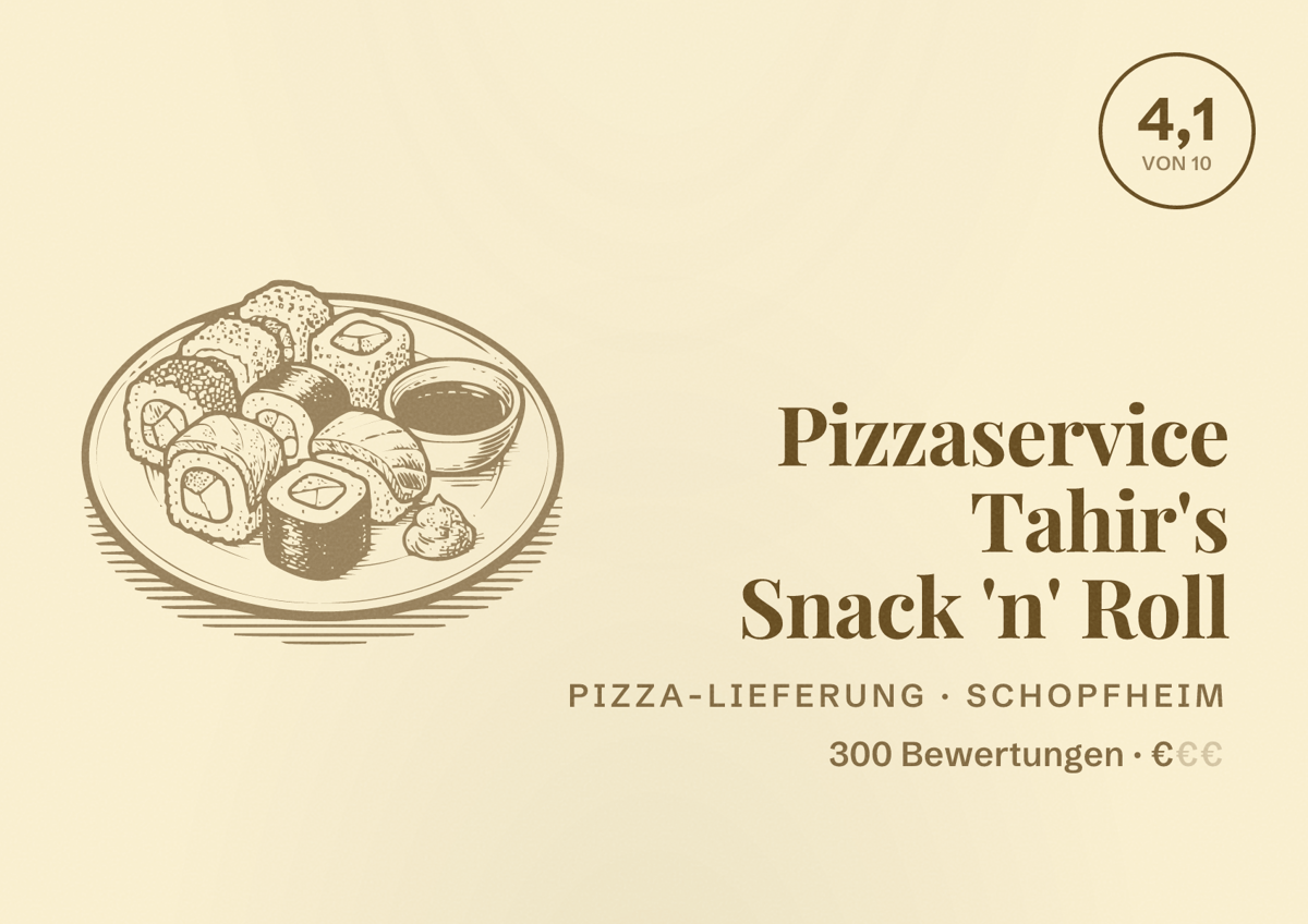 Illustriertes Poster von Pizzaservice Tahir's Snack 'n' Roll, Pizza-Lieferung in Schopfheim: Bewertung 4,1 von 10 aus 300 Bewertungen, Preisniveau €