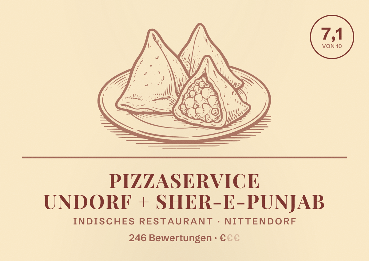 Illustriertes Poster von Pizzaservice Undorf + Sher-e-Punjab, Indisches Restaurant in Nittendorf: Bewertung 7,1 von 10 aus 246 Bewertungen, Preisniveau €