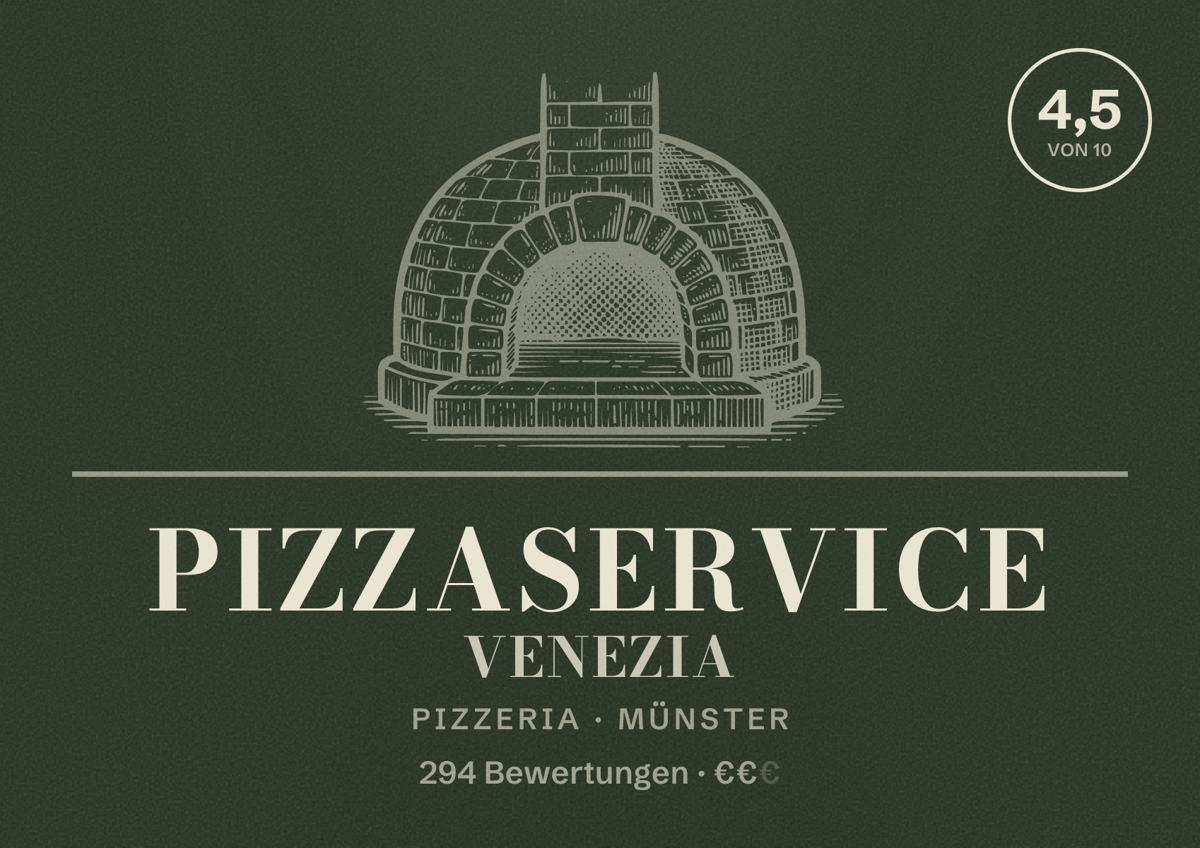 Illustriertes Poster von Pizzaservice Venezia, Pizzeria in Münster: Bewertung 4,5 von 10 aus 294 Bewertungen, Preisniveau €€