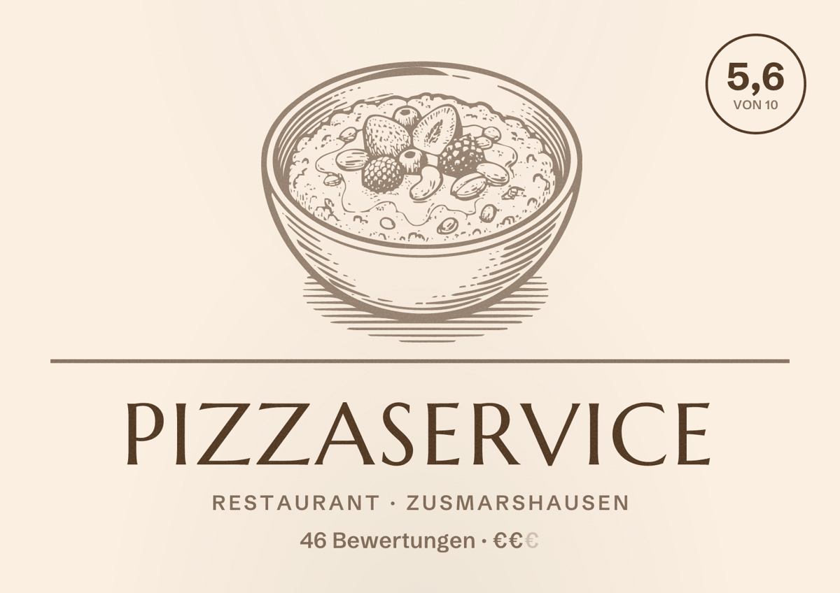 Illustriertes Poster von Pizzaservice, Restaurant in Zusmarshausen: Bewertung 5,6 von 10 aus 46 Bewertungen, Preisniveau €€