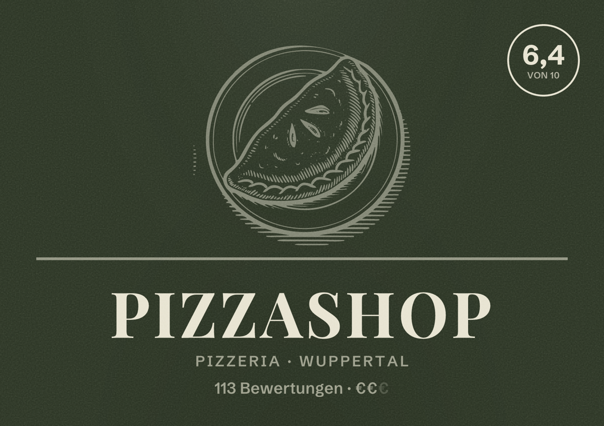 Illustriertes Poster von Pizzashop, Pizzeria in Wuppertal: Bewertung 6,4 von 10 aus 113 Bewertungen, Preisniveau €€