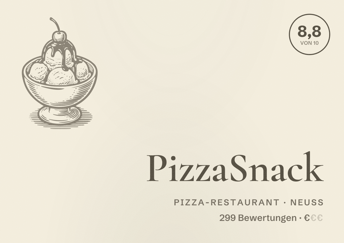Illustriertes Poster von PizzaSnack, Pizza-Restaurant in Neuss: Bewertung 8,8 von 10 aus 299 Bewertungen, Preisniveau €