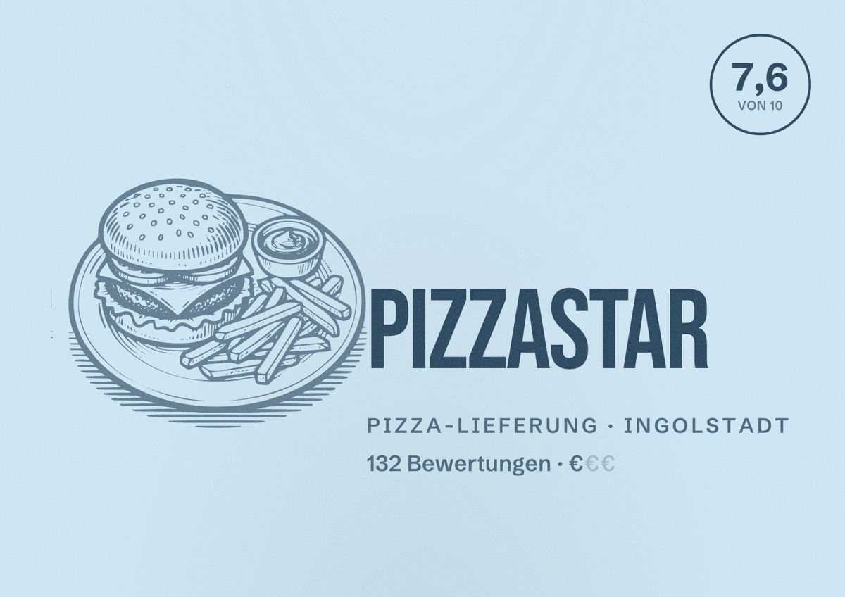 Illustriertes Poster von Pizzastar, Pizza-Lieferung in Ingolstadt: Bewertung 7,6 von 10 aus 132 Bewertungen, Preisniveau €