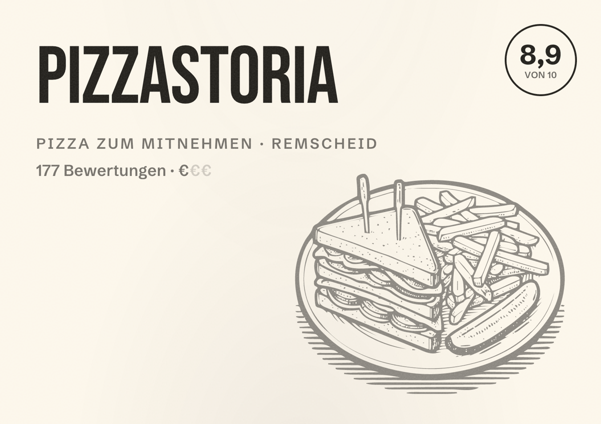 Illustriertes Poster von Pizzastoria, Pizza zum Mitnehmen in Remscheid: Bewertung 8,9 von 10 aus 177 Bewertungen, Preisniveau €