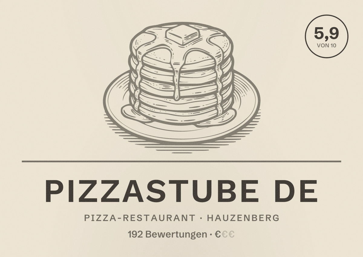 Illustriertes Poster von Pizzastube de, Pizza-Restaurant in Hauzenberg: Bewertung 5,9 von 10 aus 192 Bewertungen, Preisniveau €