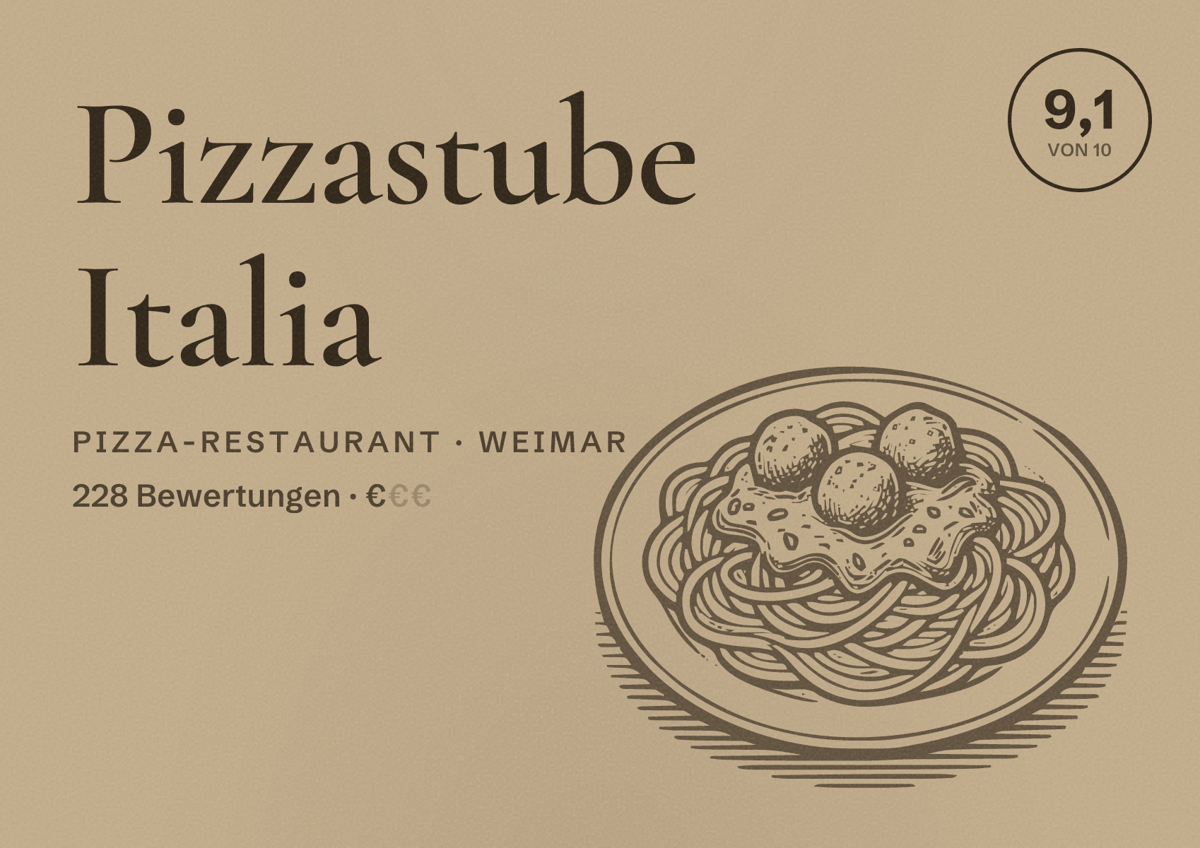 Illustriertes Poster von Pizzastube Italia, Pizza-Restaurant in Weimar: Bewertung 9,1 von 10 aus 228 Bewertungen, Preisniveau €