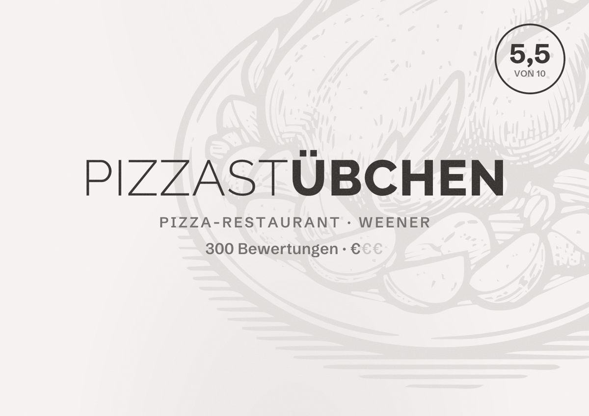 Illustriertes Poster von Pizzastübchen, Pizza-Restaurant in Weener: Bewertung 5,5 von 10 aus 300 Bewertungen, Preisniveau €