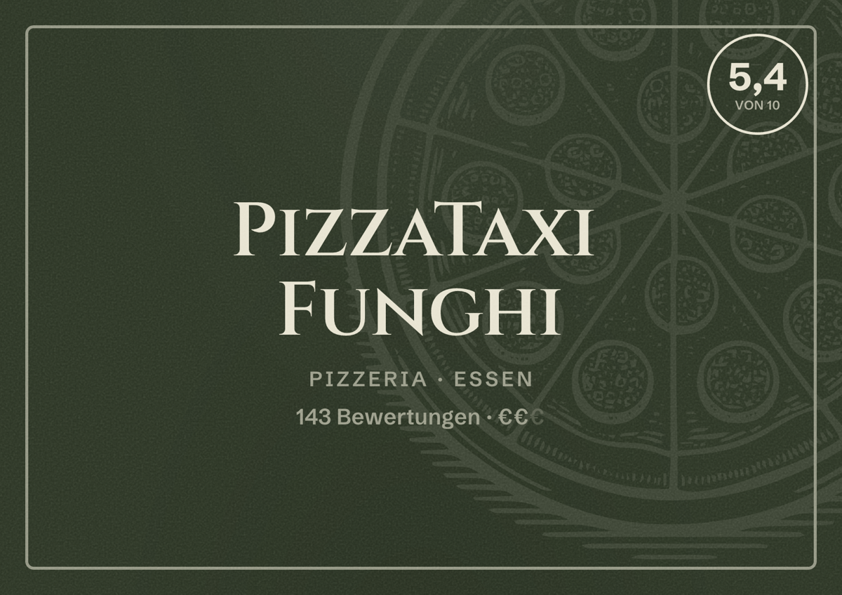 Illustriertes Poster von PizzaTaxi Funghi, Pizzeria in Essen: Bewertung 5,4 von 10 aus 143 Bewertungen, Preisniveau €€