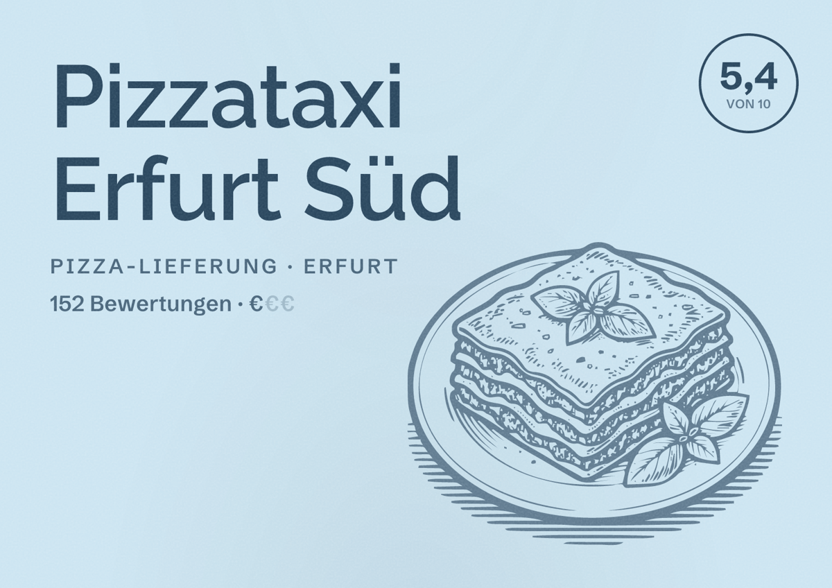 Illustriertes Poster von Pizzataxi Erfurt Süd, Pizza-Lieferung in Erfurt: Bewertung 5,4 von 10 aus 152 Bewertungen, Preisniveau €
