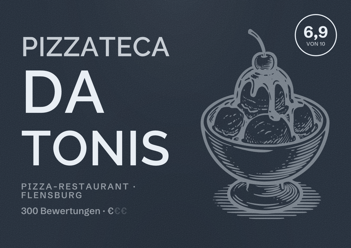 Illustriertes Poster von Pizzateca da Tonis, Pizza-Restaurant in Flensburg: Bewertung 6,9 von 10 aus 300 Bewertungen, Preisniveau €