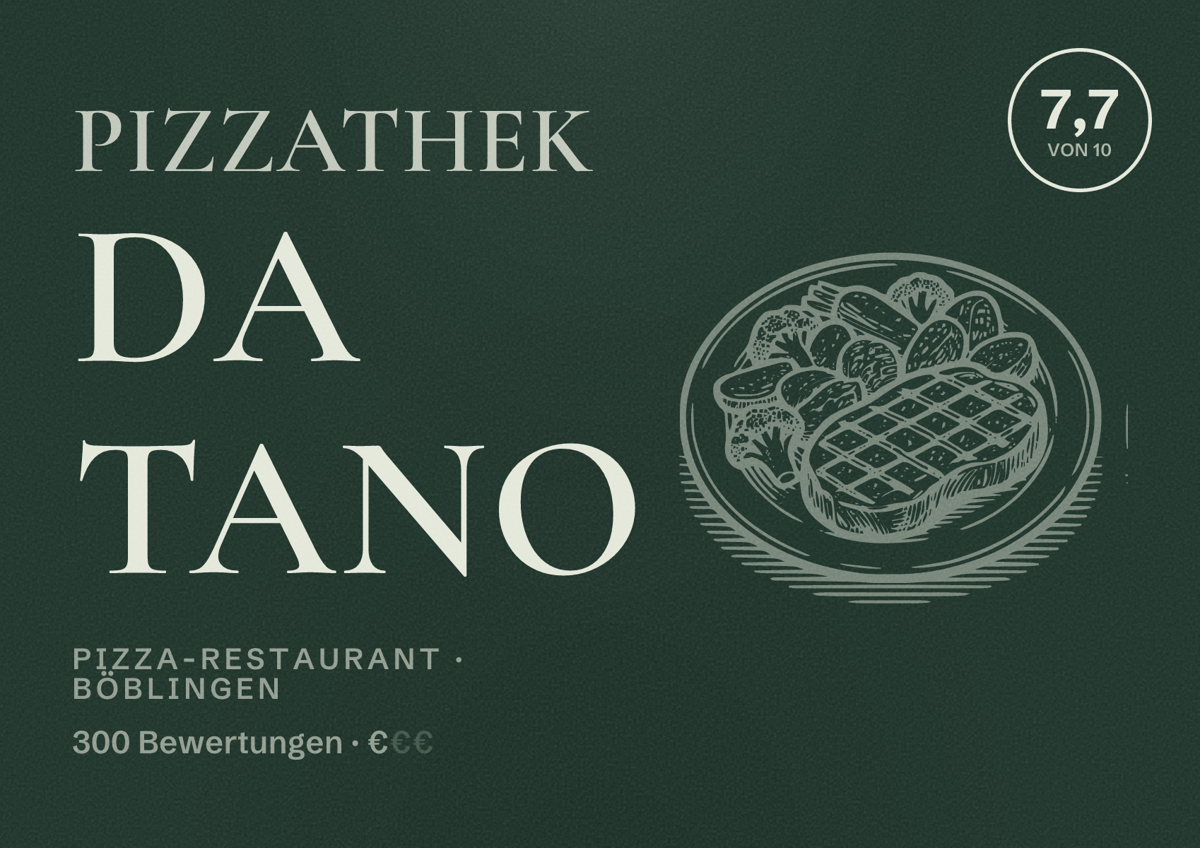 Illustriertes Poster von Pizzathek da Tano, Pizza-Restaurant in Böblingen: Bewertung 7,7 von 10 aus 300 Bewertungen, Preisniveau €