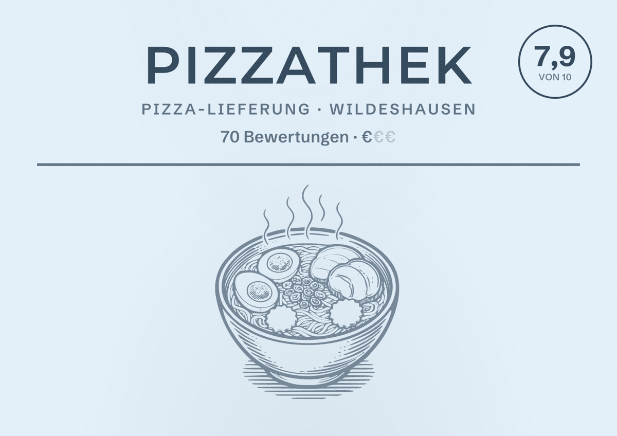 Illustriertes Poster von Pizzathek, Pizza-Lieferung in Wildeshausen: Bewertung 7,9 von 10 aus 70 Bewertungen, Preisniveau €
