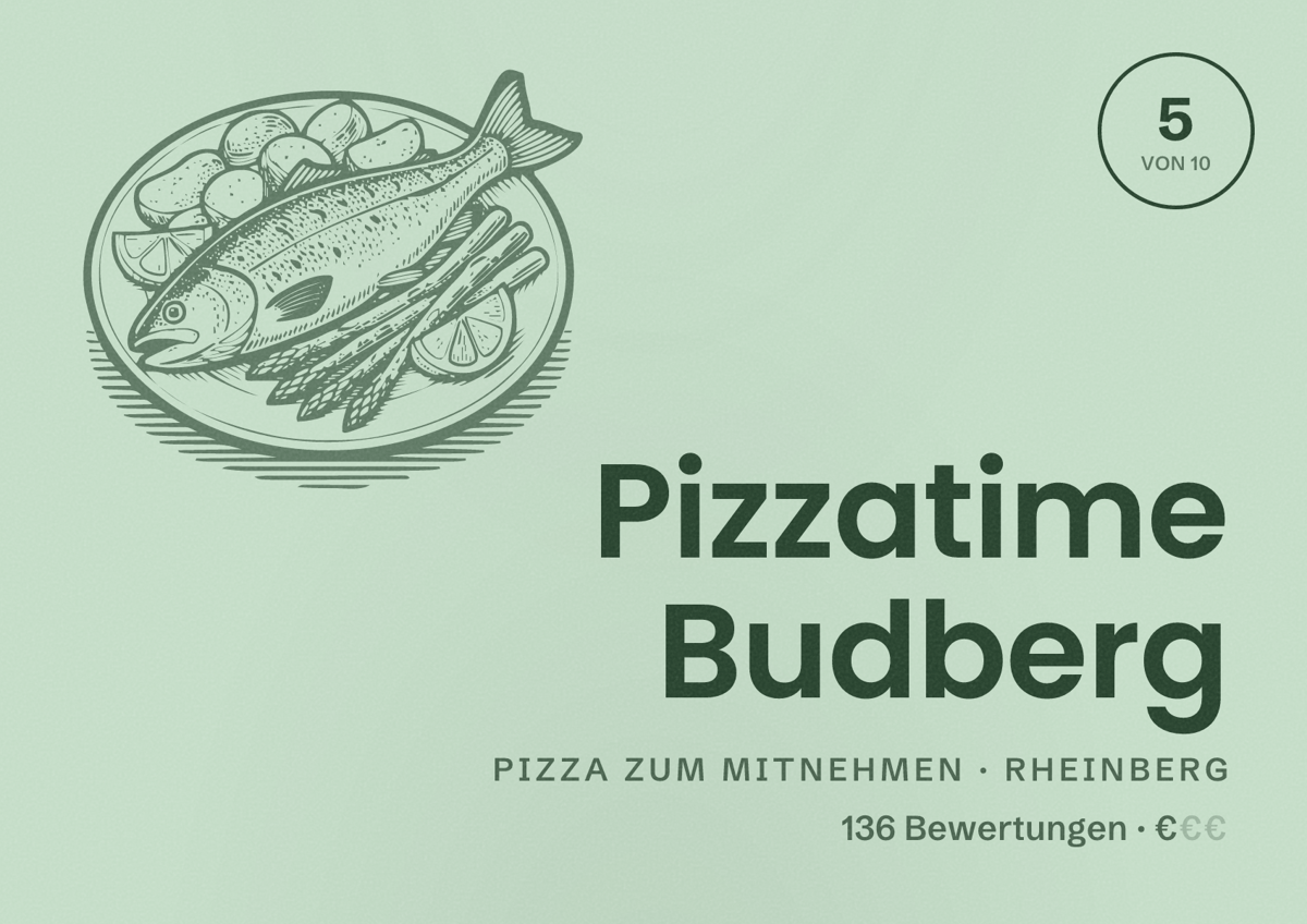 Illustriertes Poster von Pizzatime Budberg, Pizza zum Mitnehmen in Rheinberg: Bewertung 5 von 10 aus 136 Bewertungen, Preisniveau €