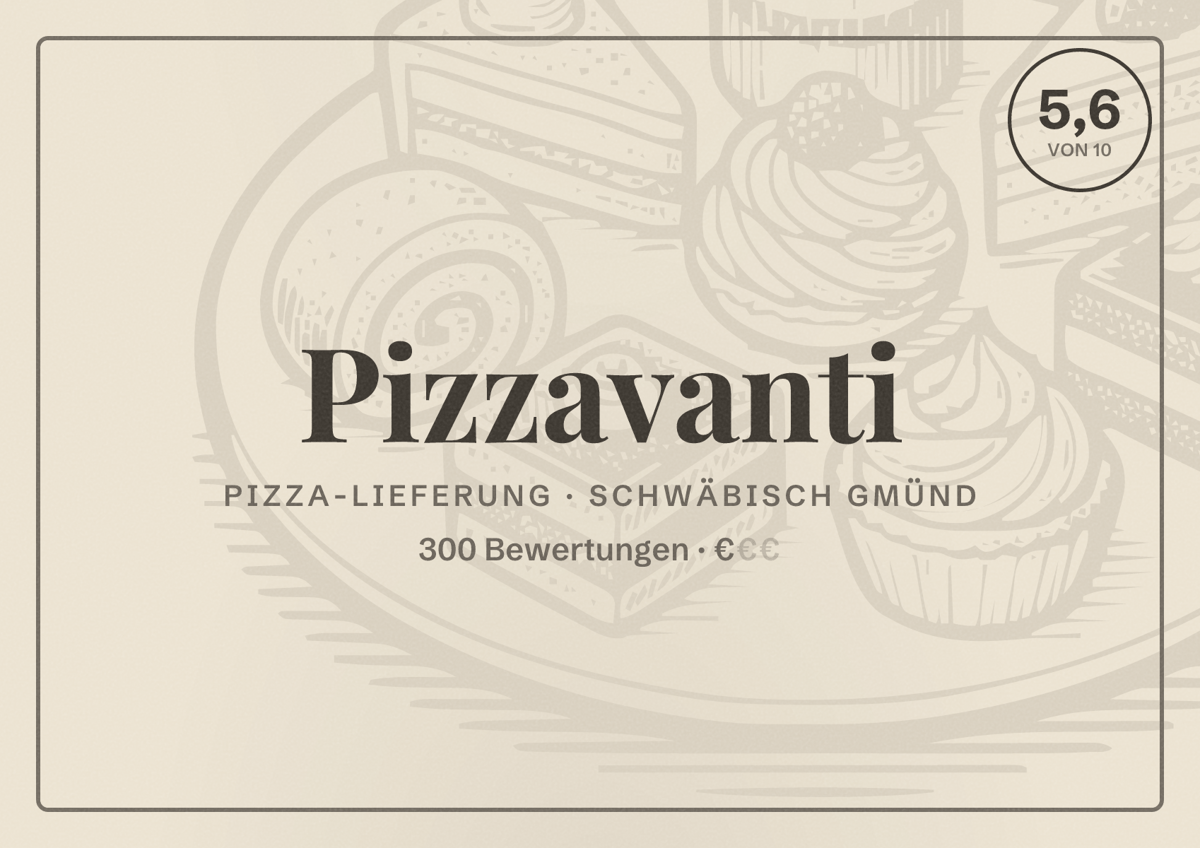 Illustriertes Poster von Pizzavanti, Pizza-Lieferung in Schwäbisch Gmünd: Bewertung 5,6 von 10 aus 300 Bewertungen, Preisniveau €