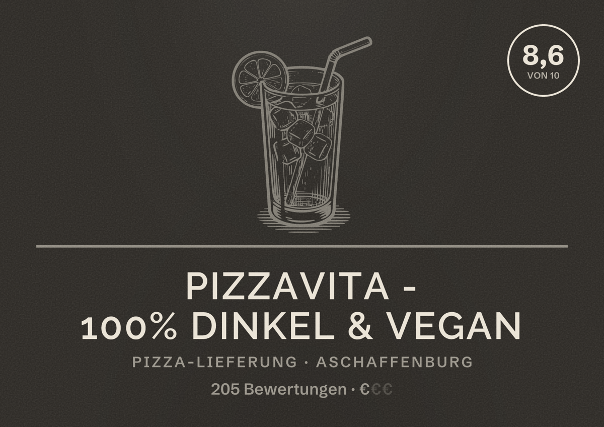 Illustriertes Poster von PizzaVita - 100% Dinkel & vegan, Pizza-Lieferung in Aschaffenburg: Bewertung 8,6 von 10 aus 205 Bewertungen, Preisniveau €