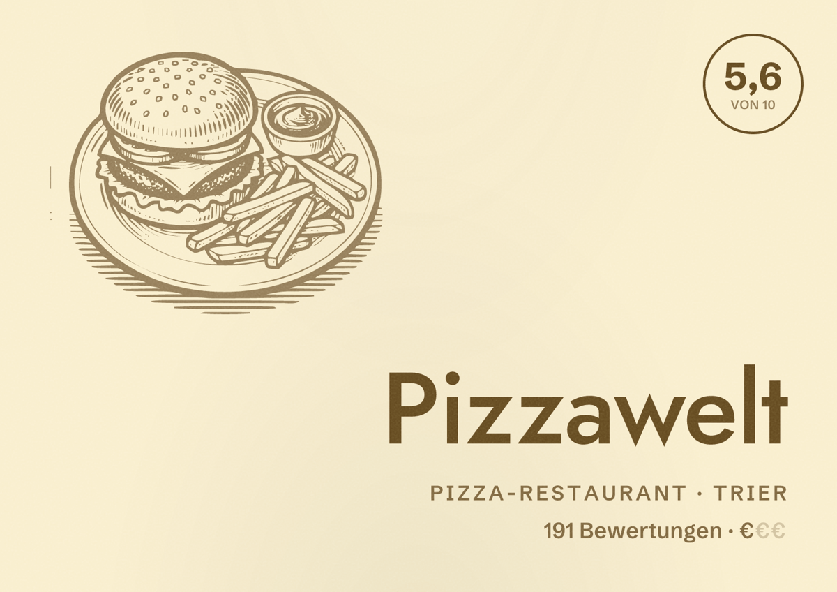 Illustriertes Poster von Pizzawelt, Pizza-Restaurant in Trier: Bewertung 5,6 von 10 aus 191 Bewertungen, Preisniveau €