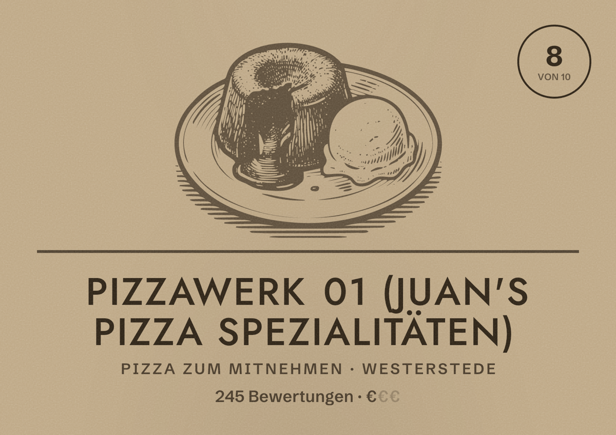 Illustriertes Poster von Pizzawerk 01 (Juan's Pizza Spezialitäten), Pizza zum Mitnehmen in Westerstede: Bewertung 8 von 10 aus 245 Bewertungen, Preisniveau €