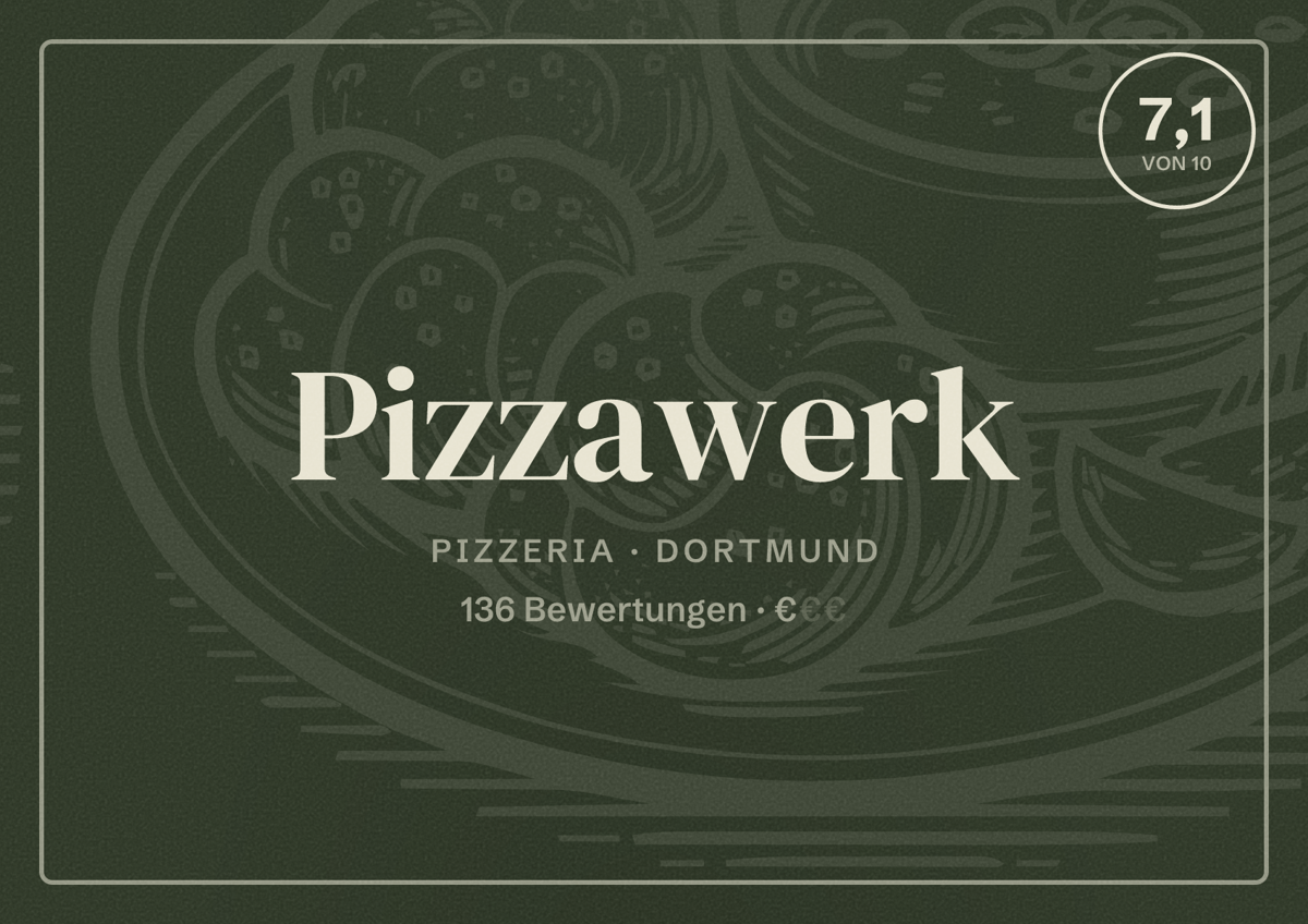 Illustriertes Poster von Pizzawerk, Pizzeria in Dortmund: Bewertung 7,1 von 10 aus 136 Bewertungen, Preisniveau €