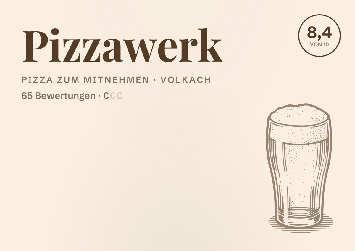 Illustriertes Poster von Pizzawerk, Pizza zum Mitnehmen in Volkach: Bewertung 8,4 von 10 aus 65 Bewertungen, Preisniveau €