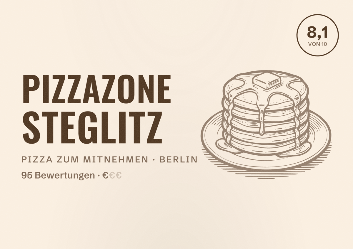 Illustriertes Poster von PizzaZone Steglitz, Pizza zum Mitnehmen in Berlin: Bewertung 8,1 von 10 aus 95 Bewertungen, Preisniveau €
