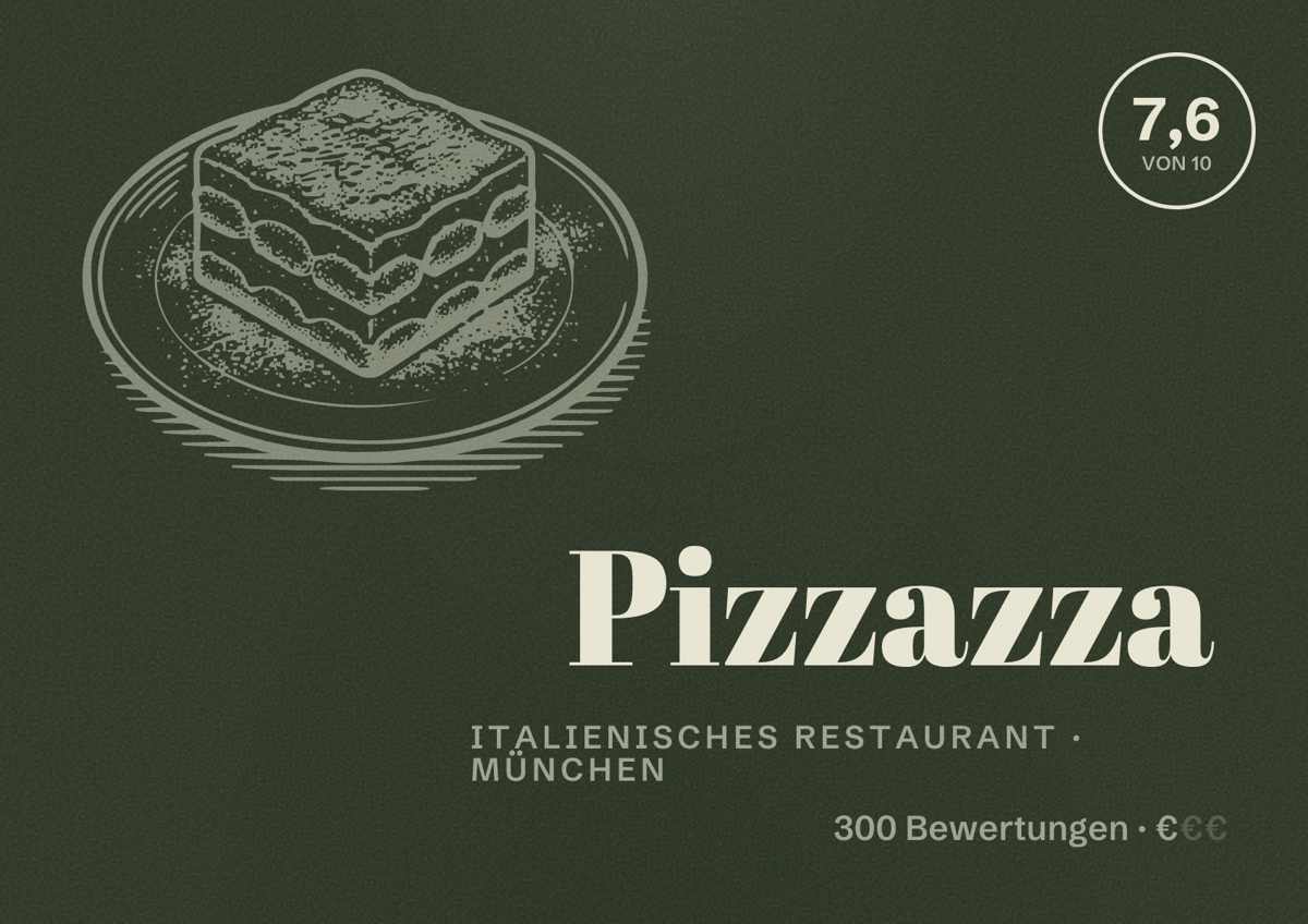 Illustriertes Poster von Pizzazza, Italienisches Restaurant in München: Bewertung 7,6 von 10 aus 300 Bewertungen, Preisniveau €