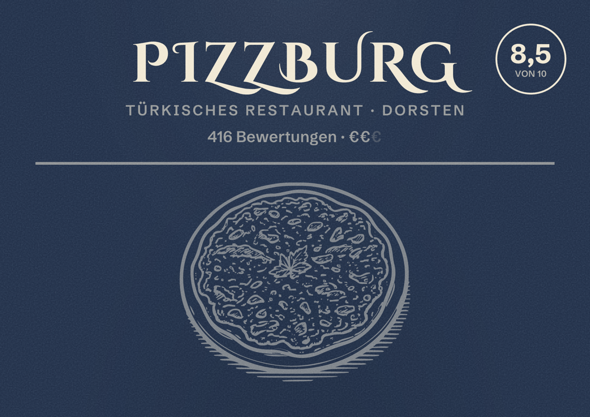 Illustriertes Poster von Pizzburg, Türkisches Restaurant in Dorsten: Bewertung 8,5 von 10 aus 416 Bewertungen, Preisniveau €€