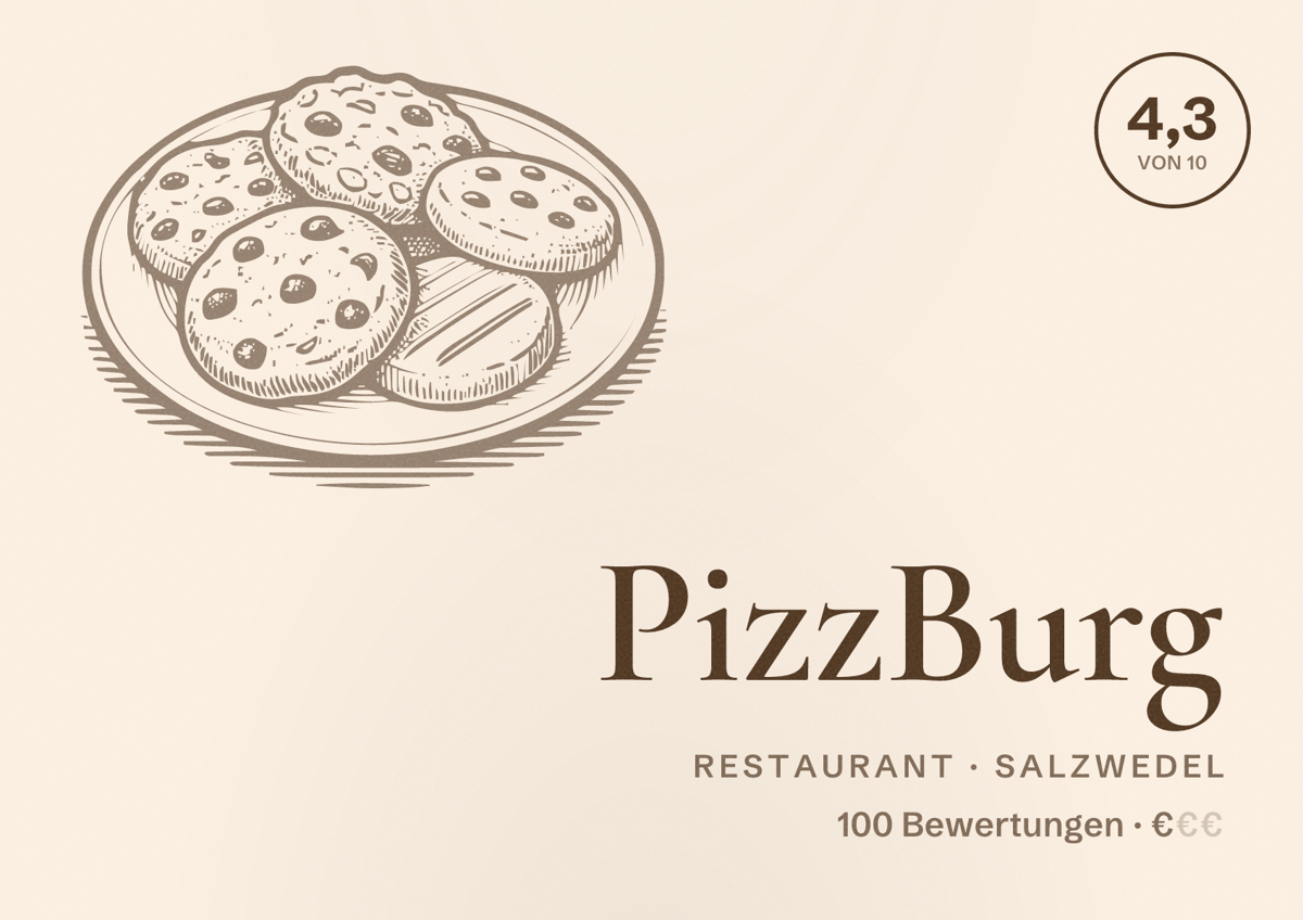 Illustriertes Poster von PizzBurg, Restaurant in Salzwedel: Bewertung 4,3 von 10 aus 100 Bewertungen, Preisniveau €