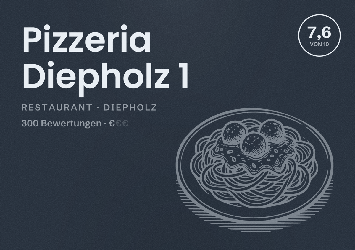 Illustriertes Poster von Pizzeria Diepholz 1, Restaurant in Diepholz: Bewertung 7,6 von 10 aus 300 Bewertungen, Preisniveau €