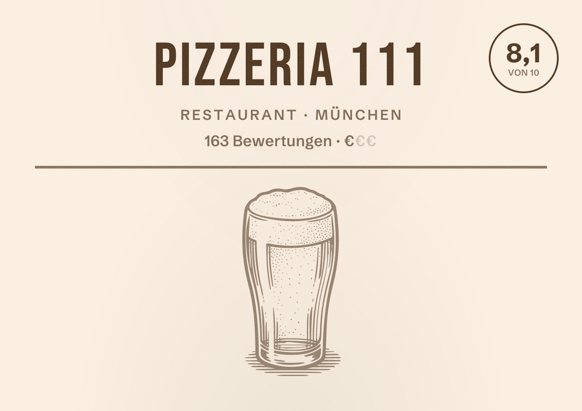 Illustriertes Poster von Pizzeria 111, Restaurant in München: Bewertung 8,1 von 10 aus 163 Bewertungen, Preisniveau €