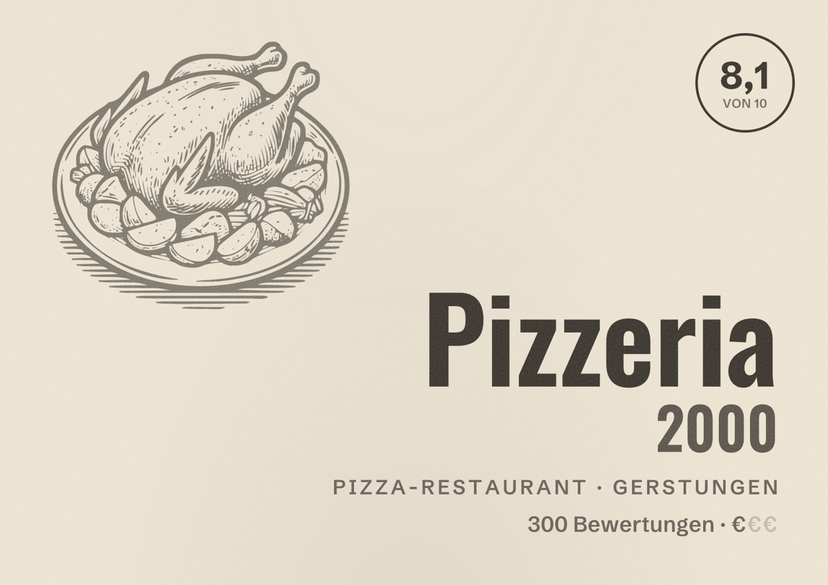 Illustriertes Poster von Pizzeria 2000, Pizza-Restaurant in Gerstungen: Bewertung 8,1 von 10 aus 300 Bewertungen, Preisniveau €