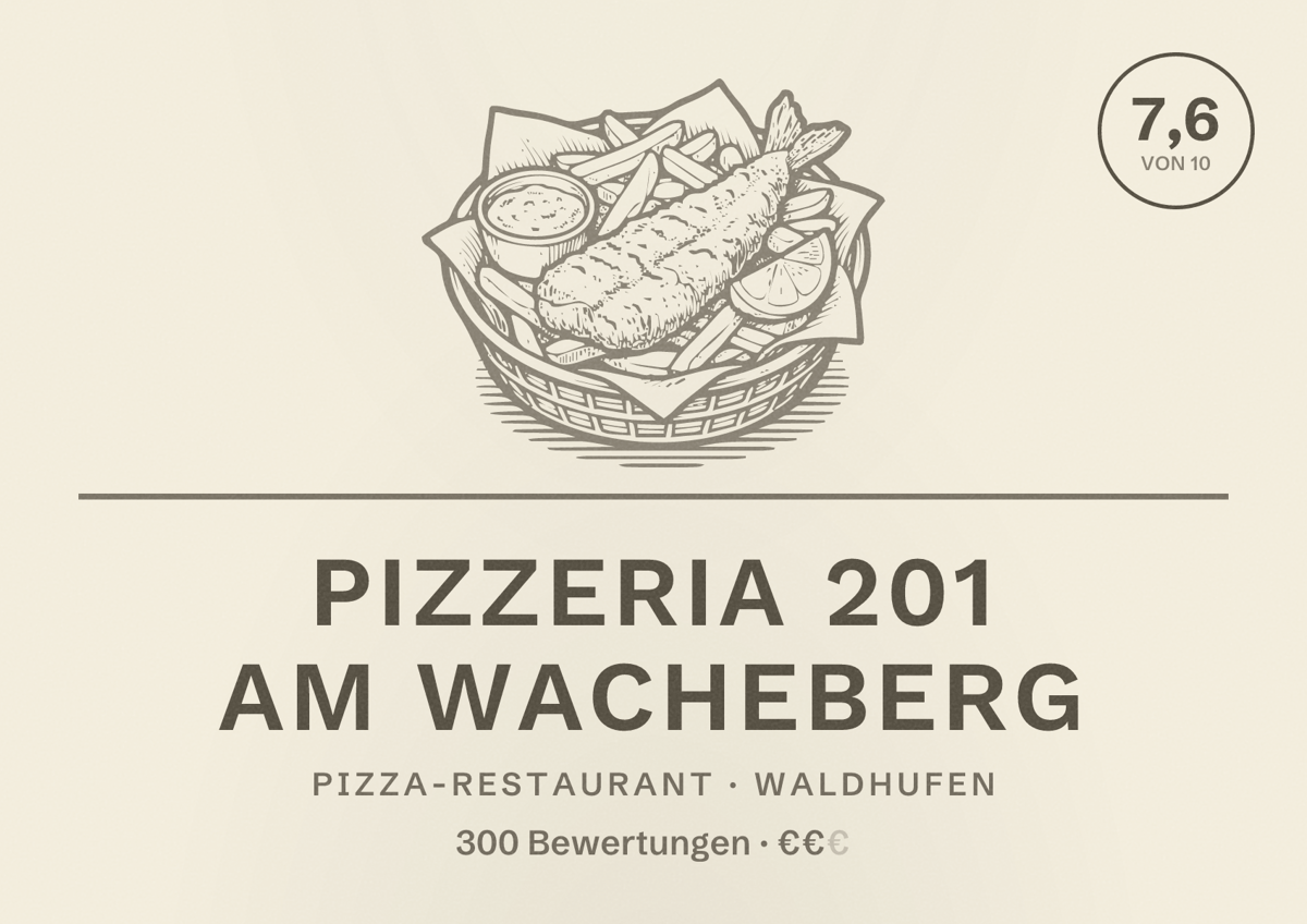 Illustriertes Poster von Pizzeria 201 am Wacheberg, Pizza-Restaurant in Waldhufen: Bewertung 7,6 von 10 aus 300 Bewertungen, Preisniveau €€